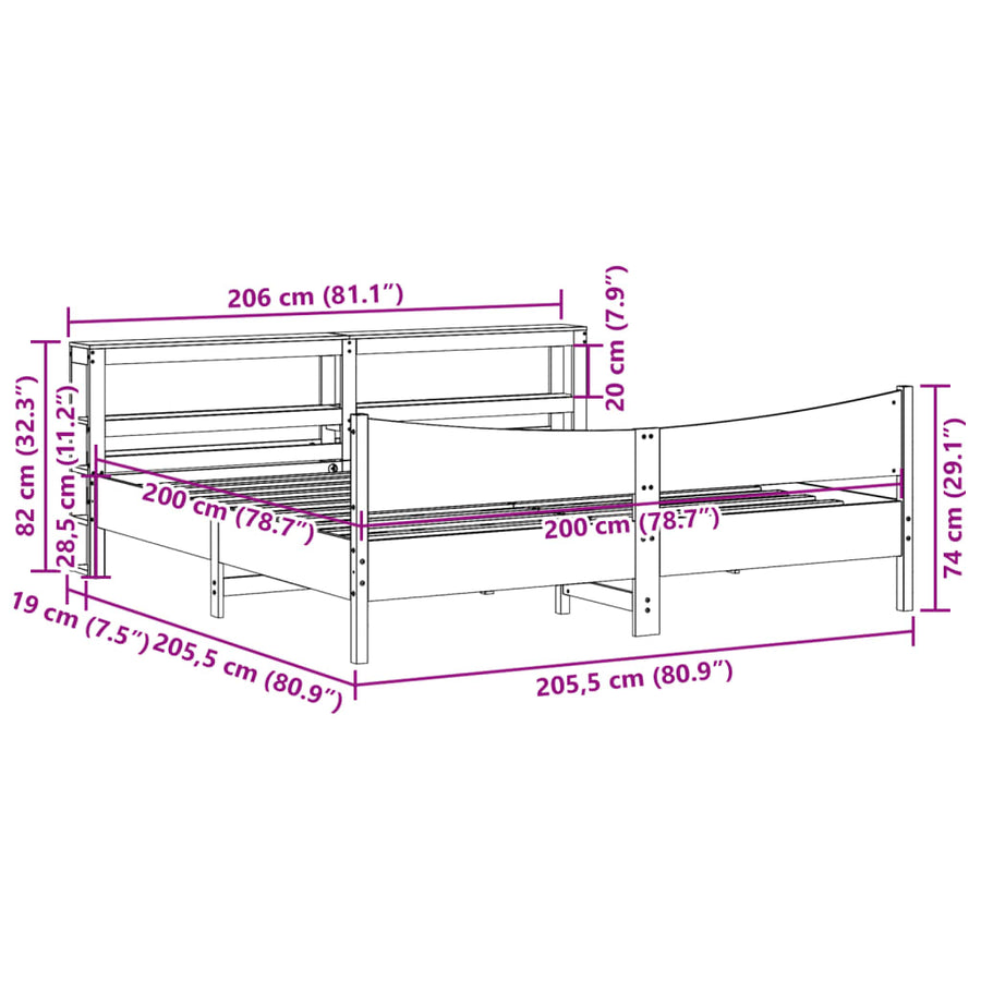 Bedframe met hoofdbord massief grenenhout wit 200x200 cm