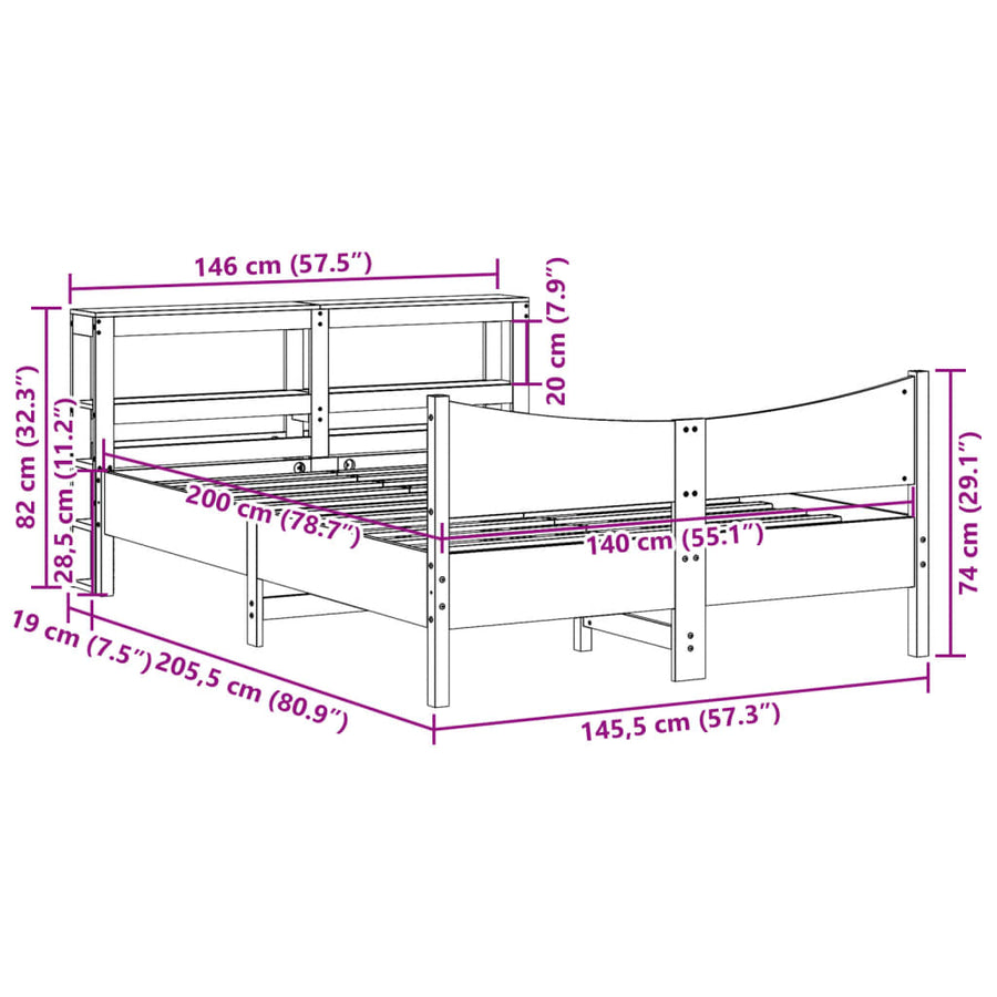 Bedframe met hoofdbord massief grenenhout wit 140x200 cm