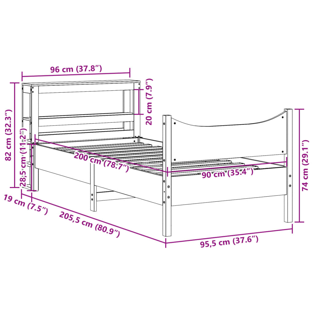 Bedframe met hoofdbord massief grenenhout 90x200 cm