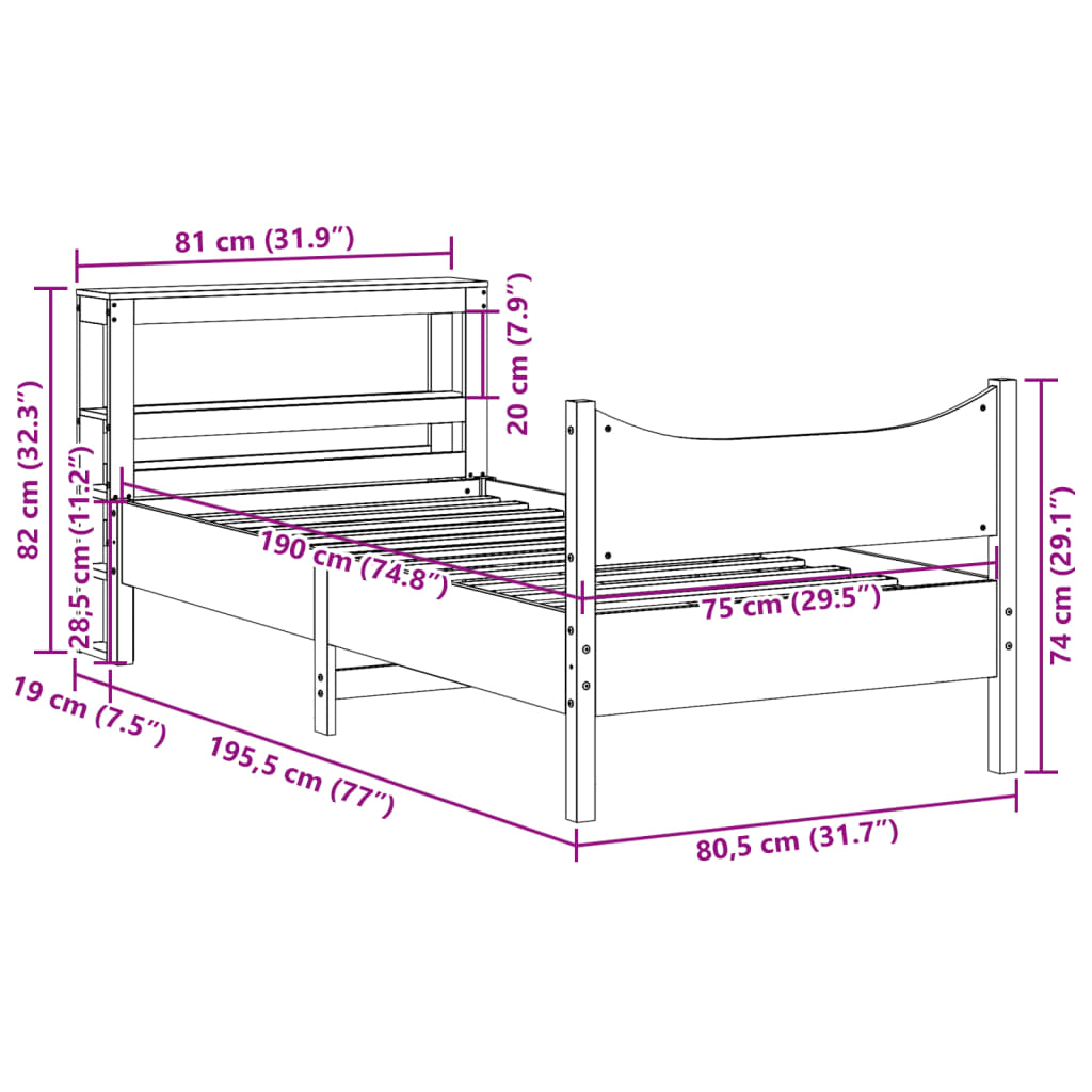 Bedframe met hoofdbord massief grenenhout 75x190 cm