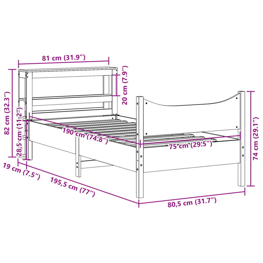 Bedframe met hoofdbord massief grenenhout 75x190 cm