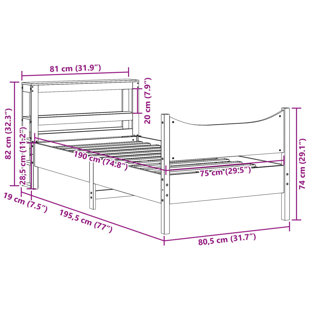 Bedframe met hoofdbord massief grenenhout wit 75x190 cm
