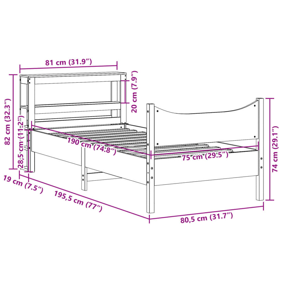 Bedframe met hoofdbord massief grenenhout wasbruin 75x190 cm