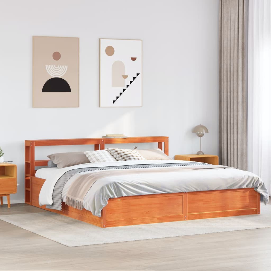 Bedframe met hoofdbord massief grenenhout wasbruin 200x200 cm