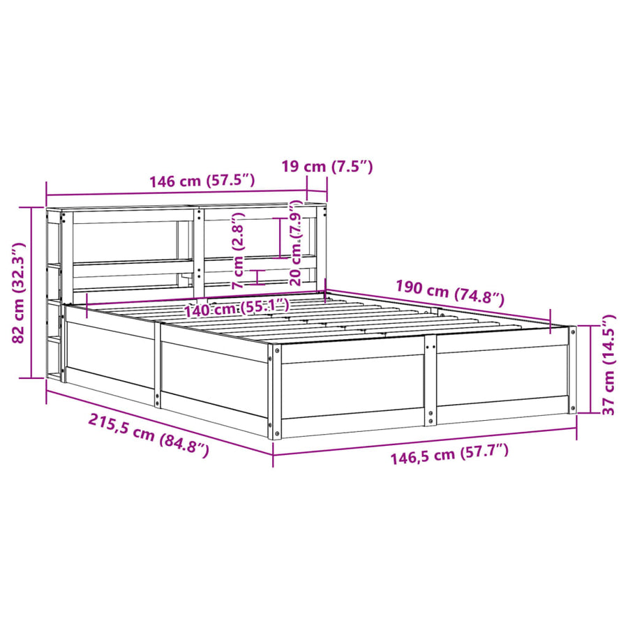 Bedframe met hoofdbord massief grenenhout wit 140x190 cm