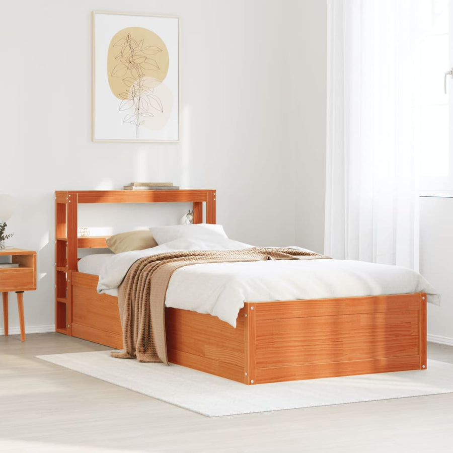Bedframe met hoofdbord massief grenenhout wasbruin 75x190 cm