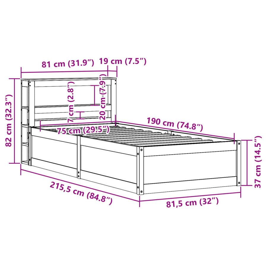 Bedframe met hoofdbord massief grenenhout wasbruin 75x190 cm