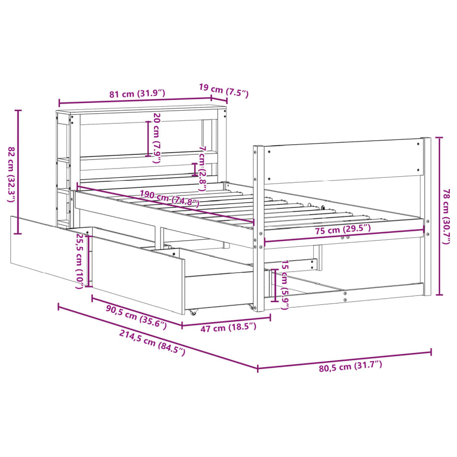 Bedframe zonder matras massief grenenhout wit 75x190 cm