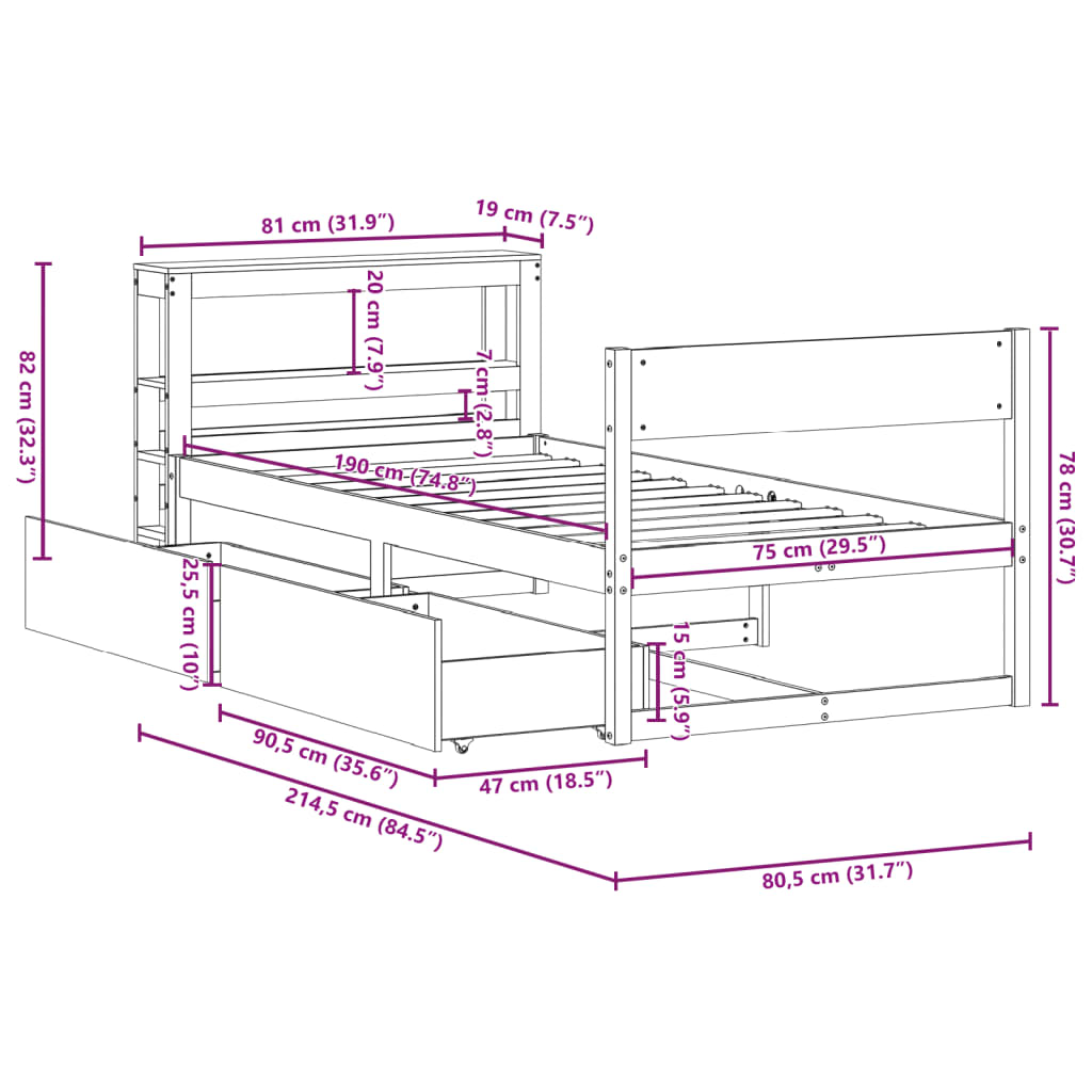 Bedframe zonder matras massief grenenhout wasbruin 75x190 cm