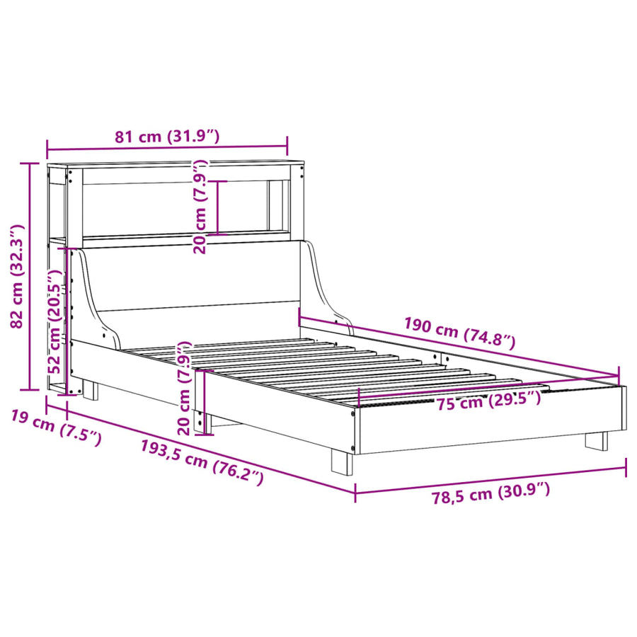 Bedframe zonder matras massief grenenhout wit 75x190 cm