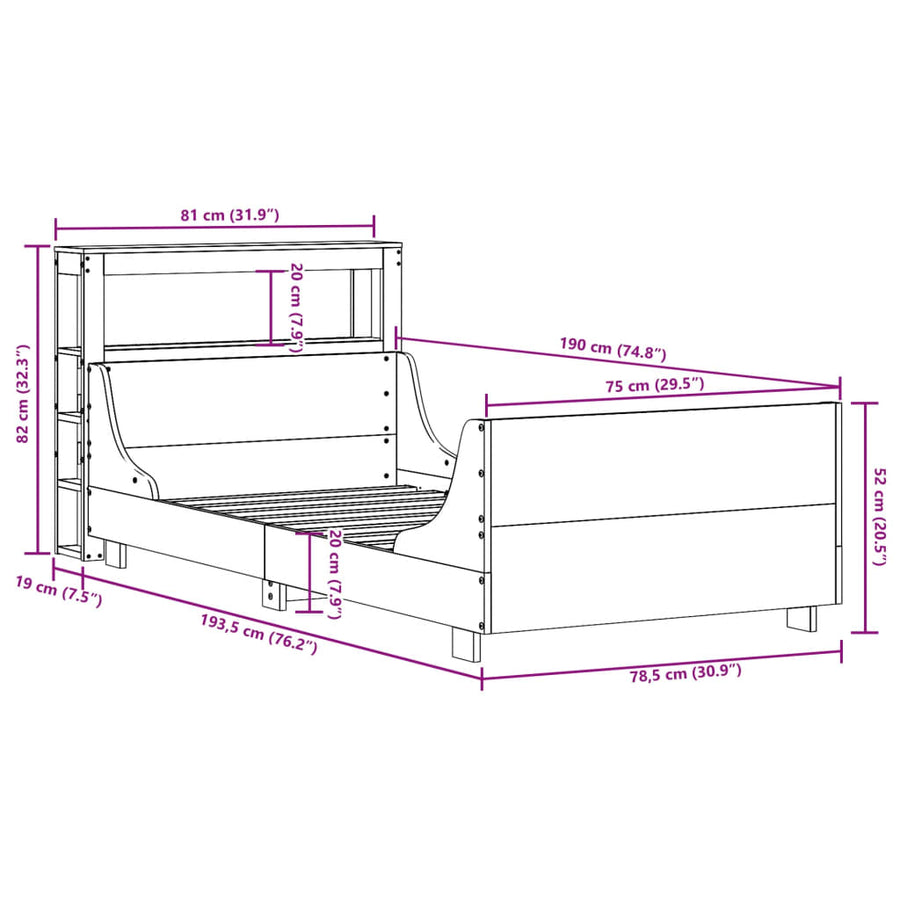 Bedframe zonder matras massief grenenhout 75x190 cm