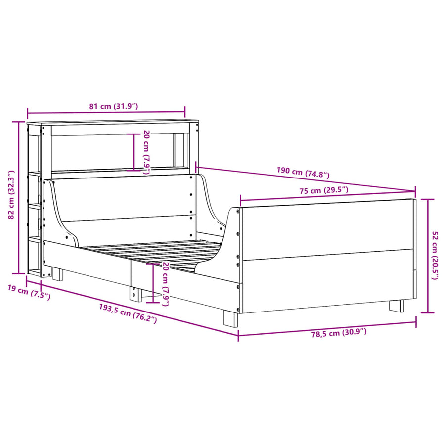 Bedframe zonder matras massief grenenhout wit 75x190 cm