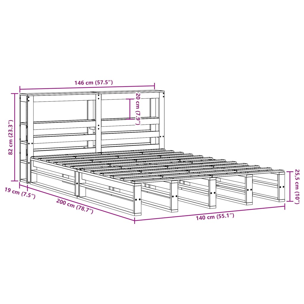 Bedframe zonder matras massief grenenhout 140x200 cm