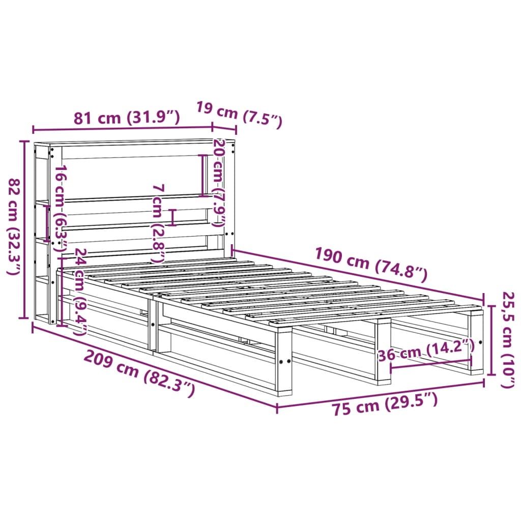 Bedframe zonder matras massief grenenhout wit 75x190 cm