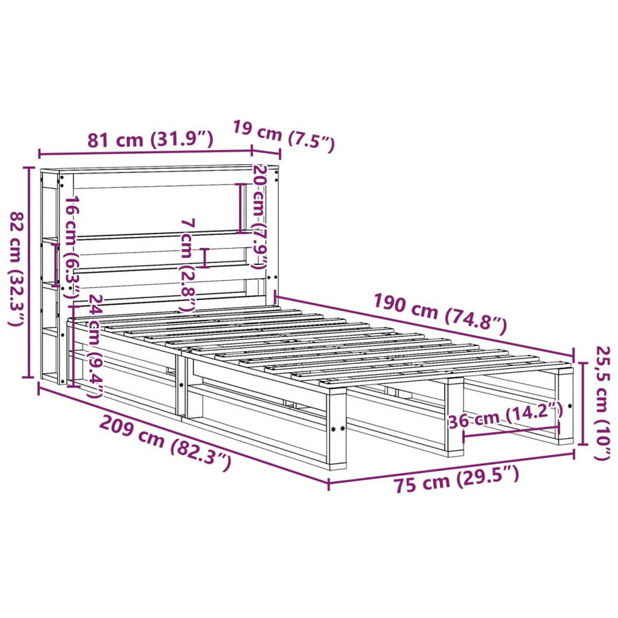 Bedframe zonder matras massief grenenhout wit 75x190 cm
