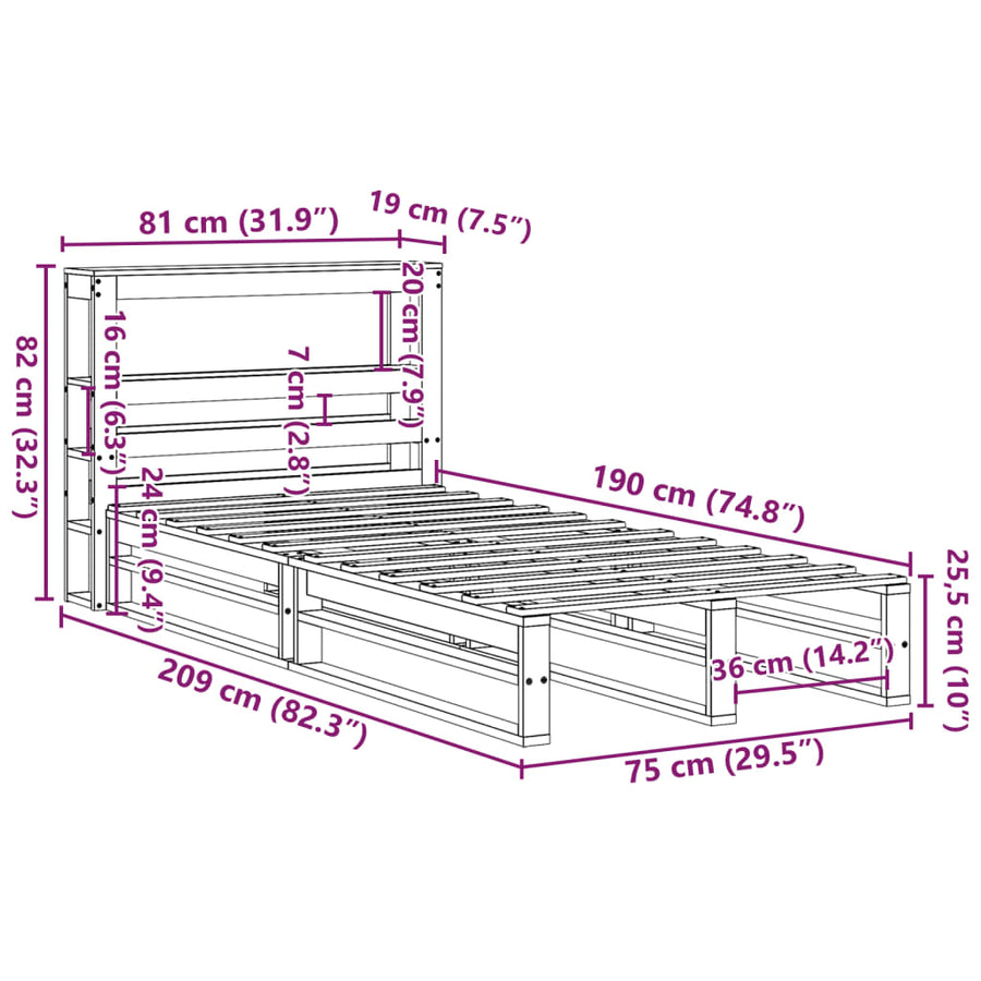 Bedframe zonder matras massief grenenhout wasbruin 75x190 cm