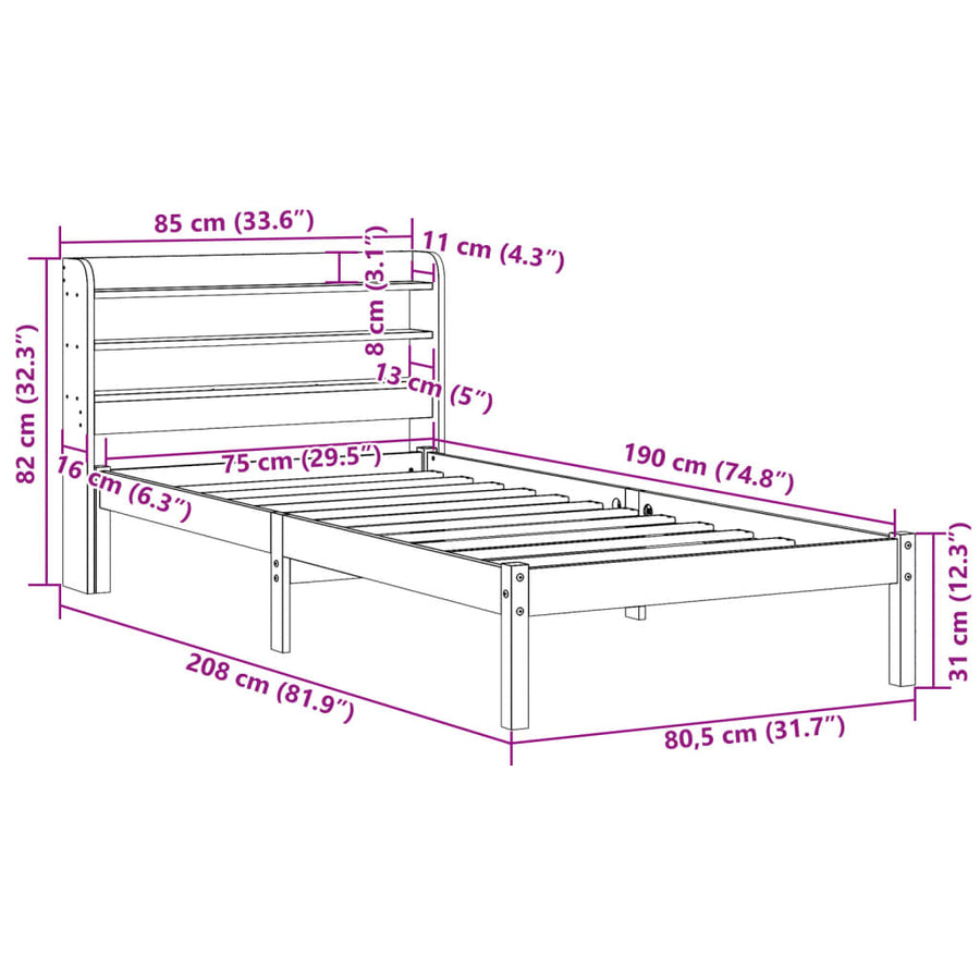 Bedframe zonder matras massief grenenhout 75x190 cm