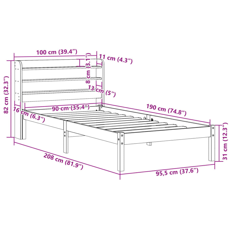 Bedframe zonder matras massief grenenhout wit 90x190 cm