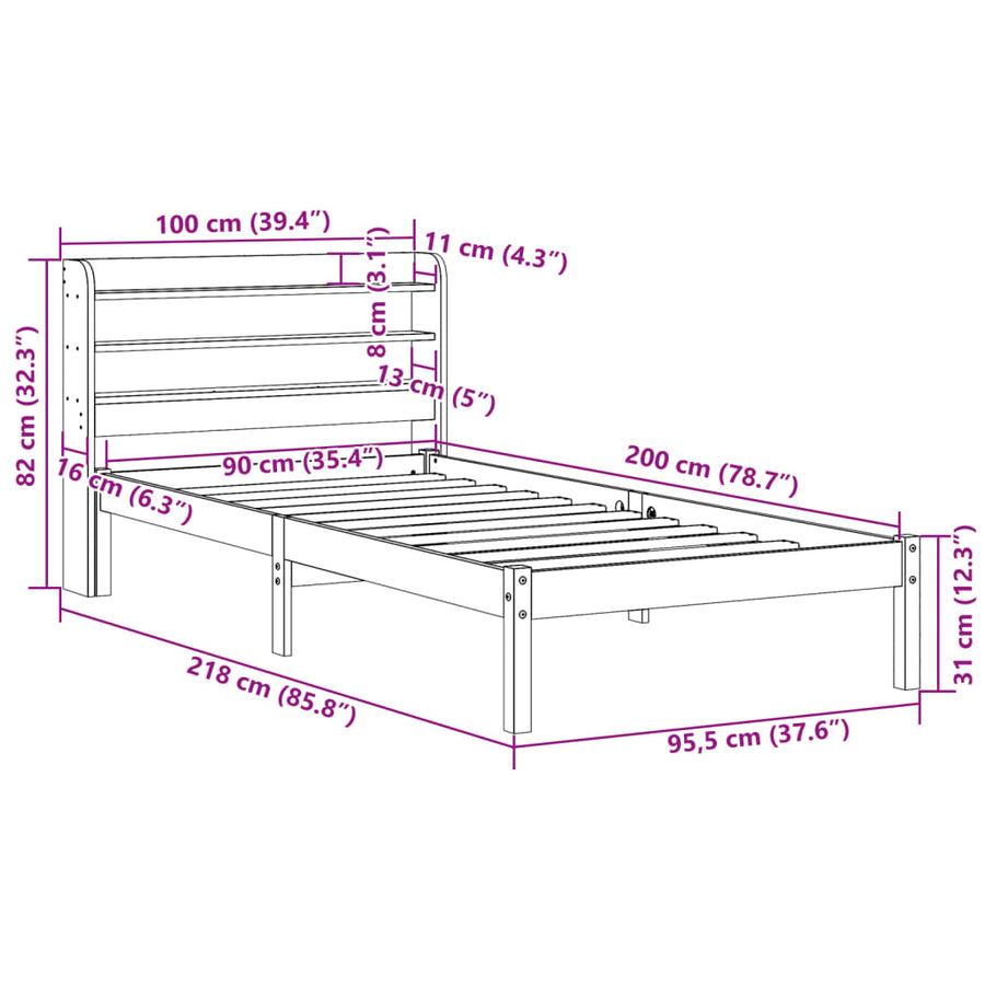 Bedframe zonder matras massief grenenhout wit 90x200 cm