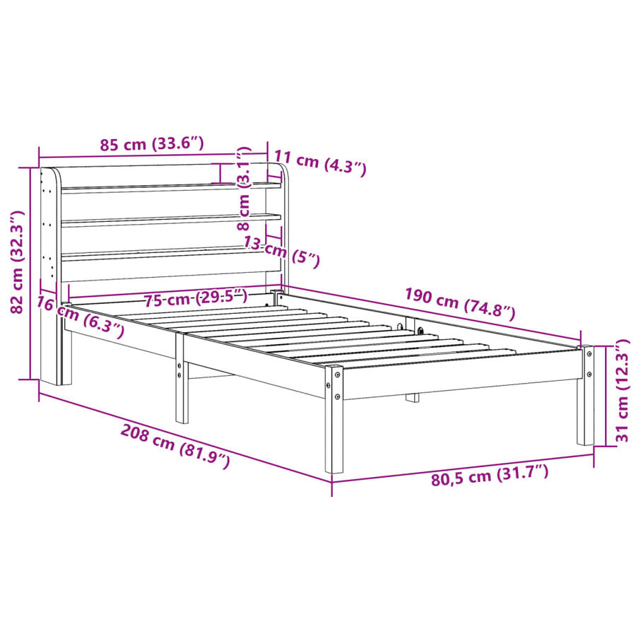 Bedframe met hoofdbord massief grenenhout wasbruin 75x190 cm