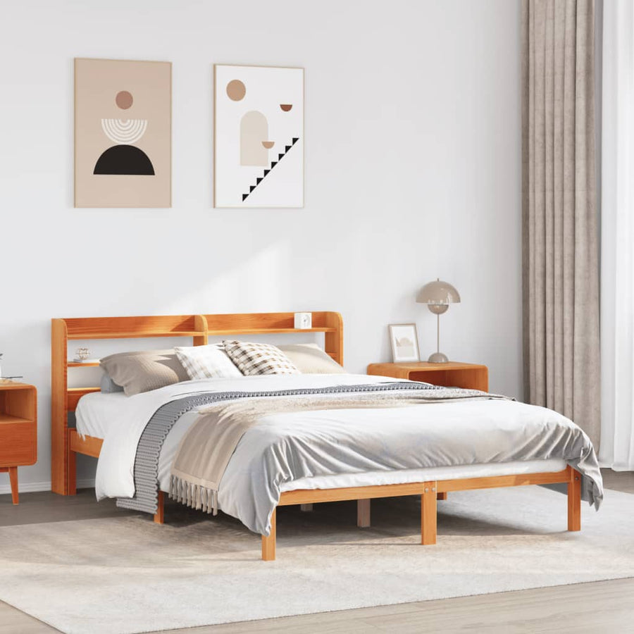 Bedframe met hoofdbord massief grenenhout wasbruin 135x190 cm
