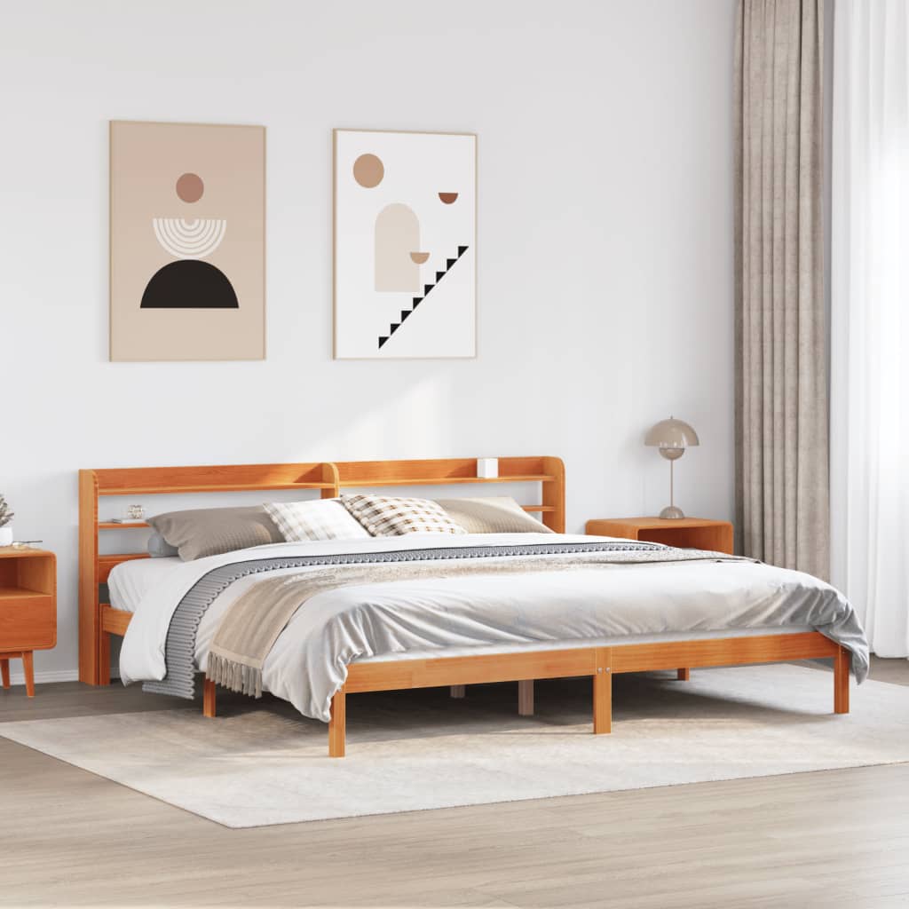 Bedframe met hoofdbord massief grenenhout wasbruin 200x200 cm
