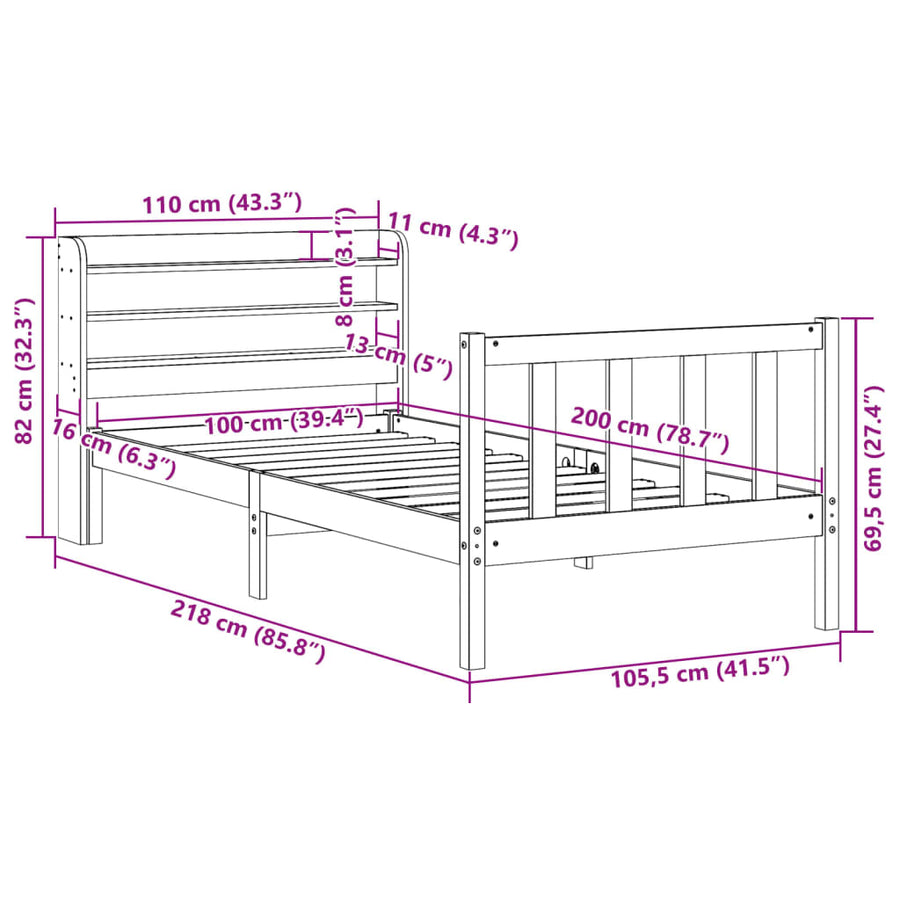 Bedframe met hoofdbord massief grenenhout wasbruin 100x200 cm