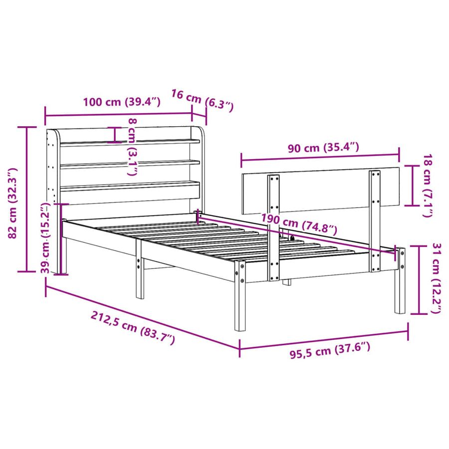 Bedframe zonder matras massief grenenhout wit 90x190 cm