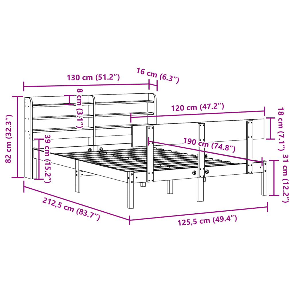 Bedframe zonder matras massief grenenhout 120x190 cm