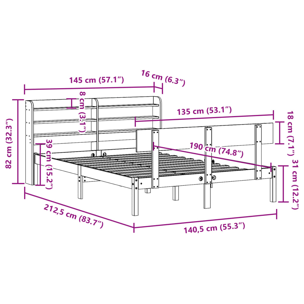 Bedframe zonder matras massief grenenhout wit 135x190 cm