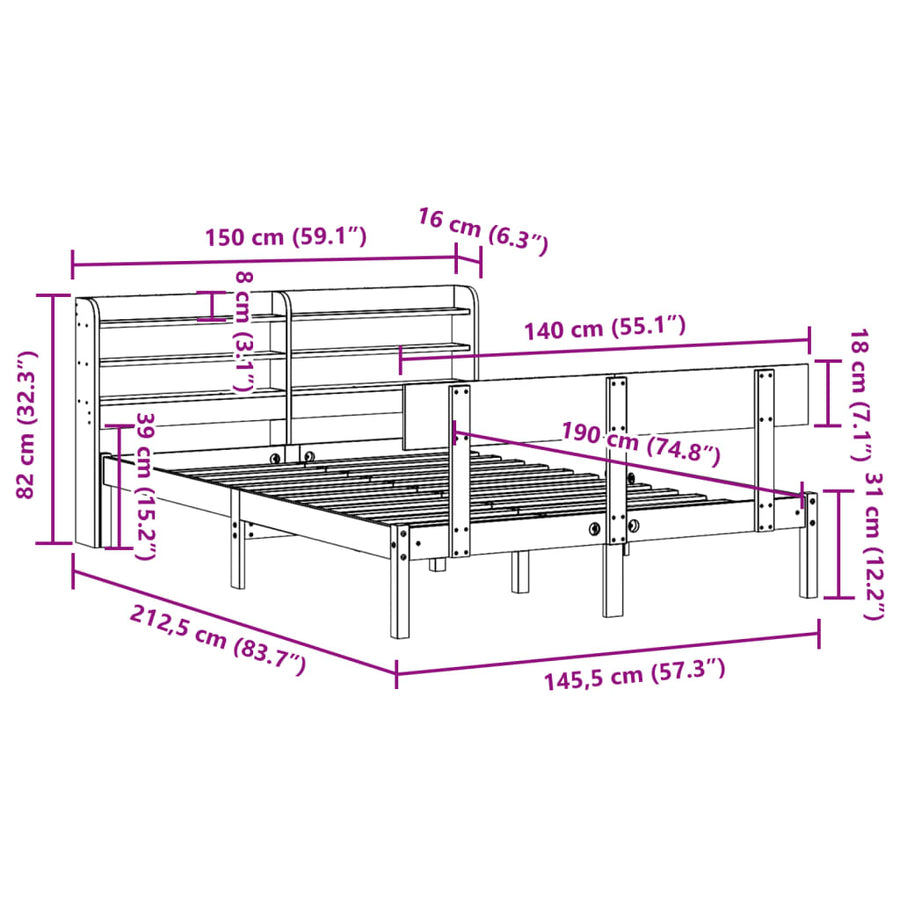 Bedframe zonder matras massief grenenhout wit 140x190 cm