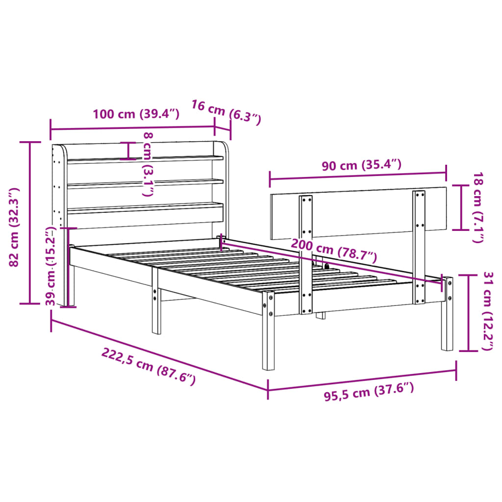 Bedframe zonder matras massief grenenhout wit 90x200 cm