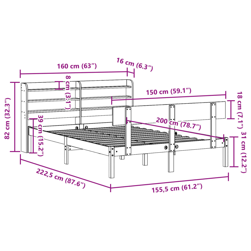 Bedframe zonder matras massief grenenhout 150x200 cm