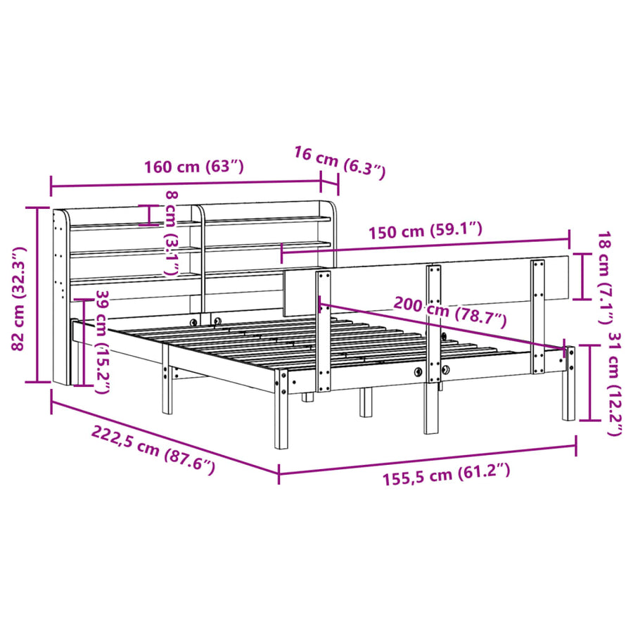 Bedframe zonder matras massief grenenhout 150x200 cm