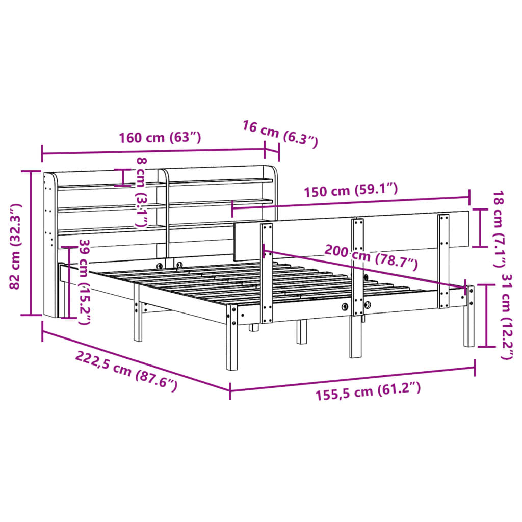Bedframe zonder matras massief grenenhout wit 150x200 cm
