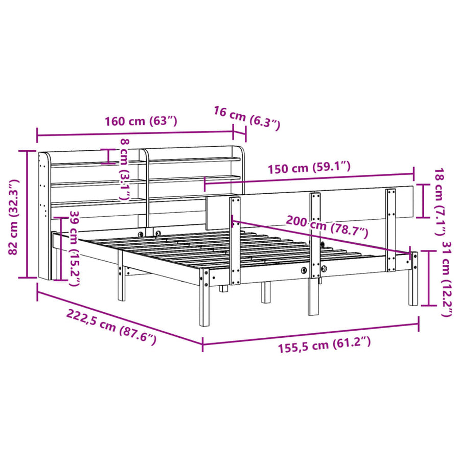 Bedframe zonder matras massief grenenhout wit 150x200 cm