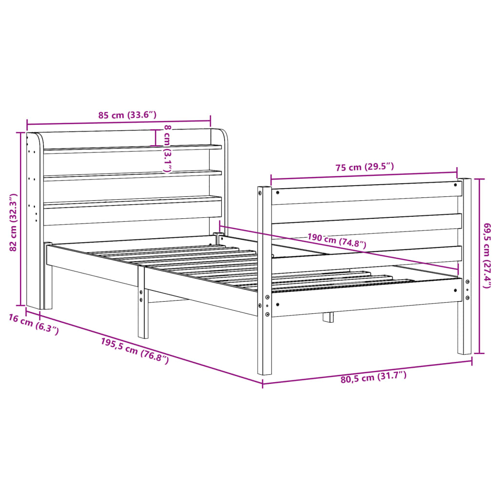 Bedframe met hoofdbord massief grenenhout 75x190 cm