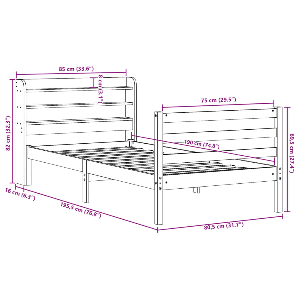 Bedframe met hoofdbord massief grenenhout wit 75x190 cm