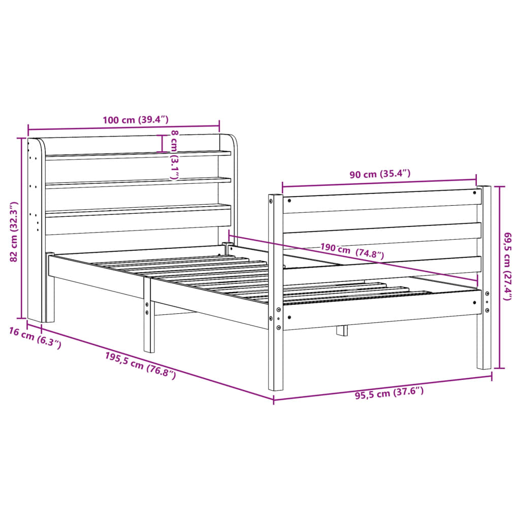 Bedframe met hoofdbord massief grenenhout 90x190 cm
