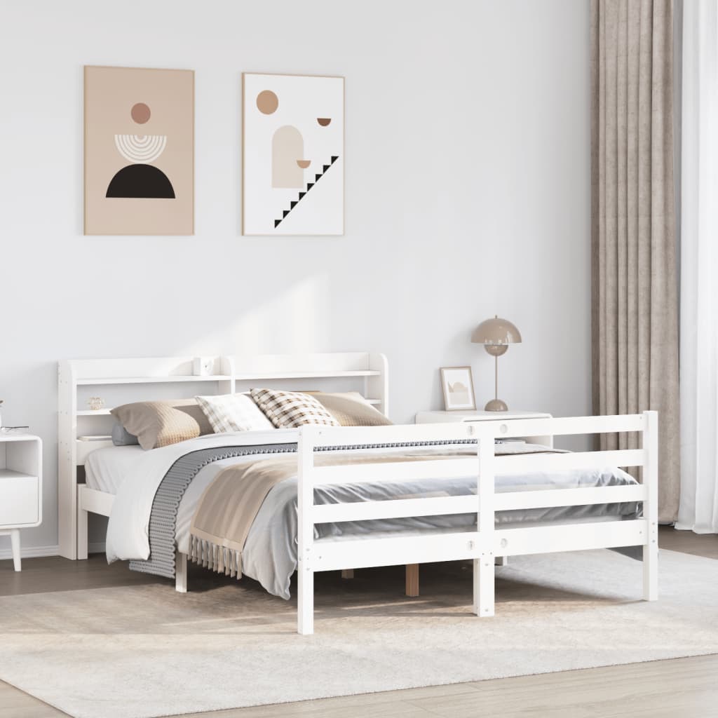 Bedframe met hoofdbord massief grenenhout wit 135x190 cm