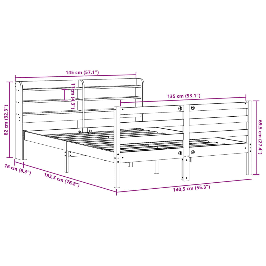 Bedframe met hoofdbord massief grenenhout wit 135x190 cm