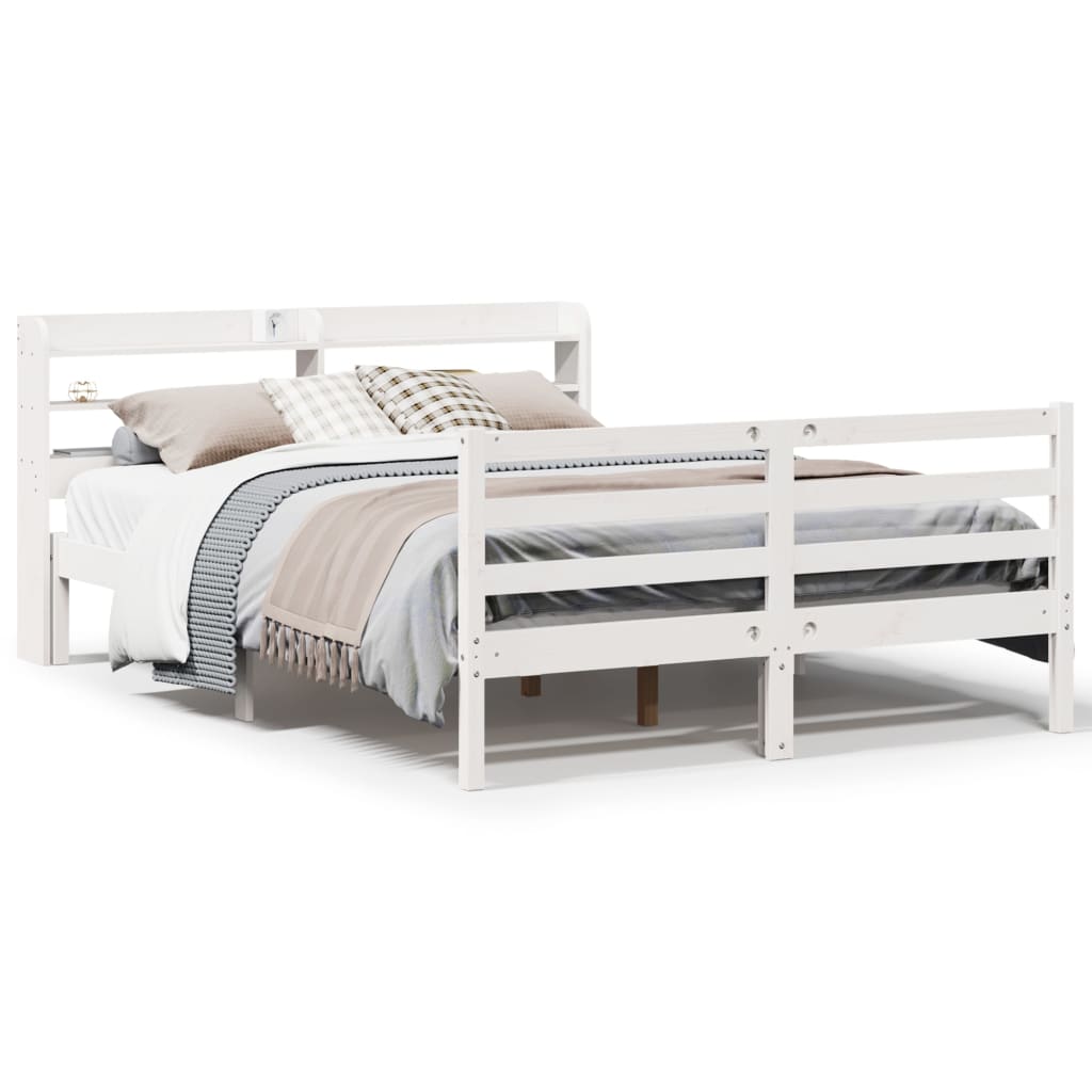 Bedframe met hoofdbord massief grenenhout wit 135x190 cm