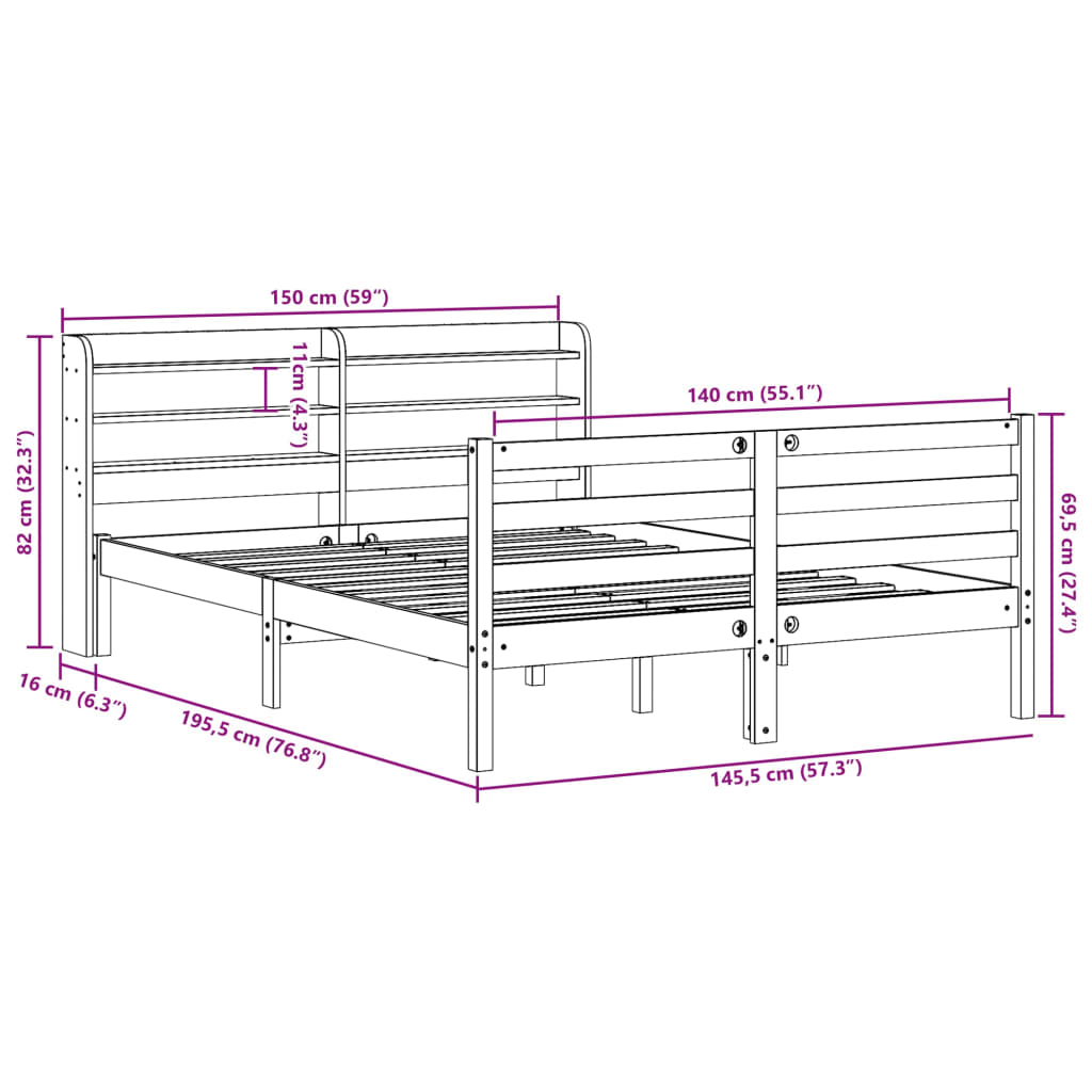 Bedframe met hoofdbord massief grenenhout 140x190 cm