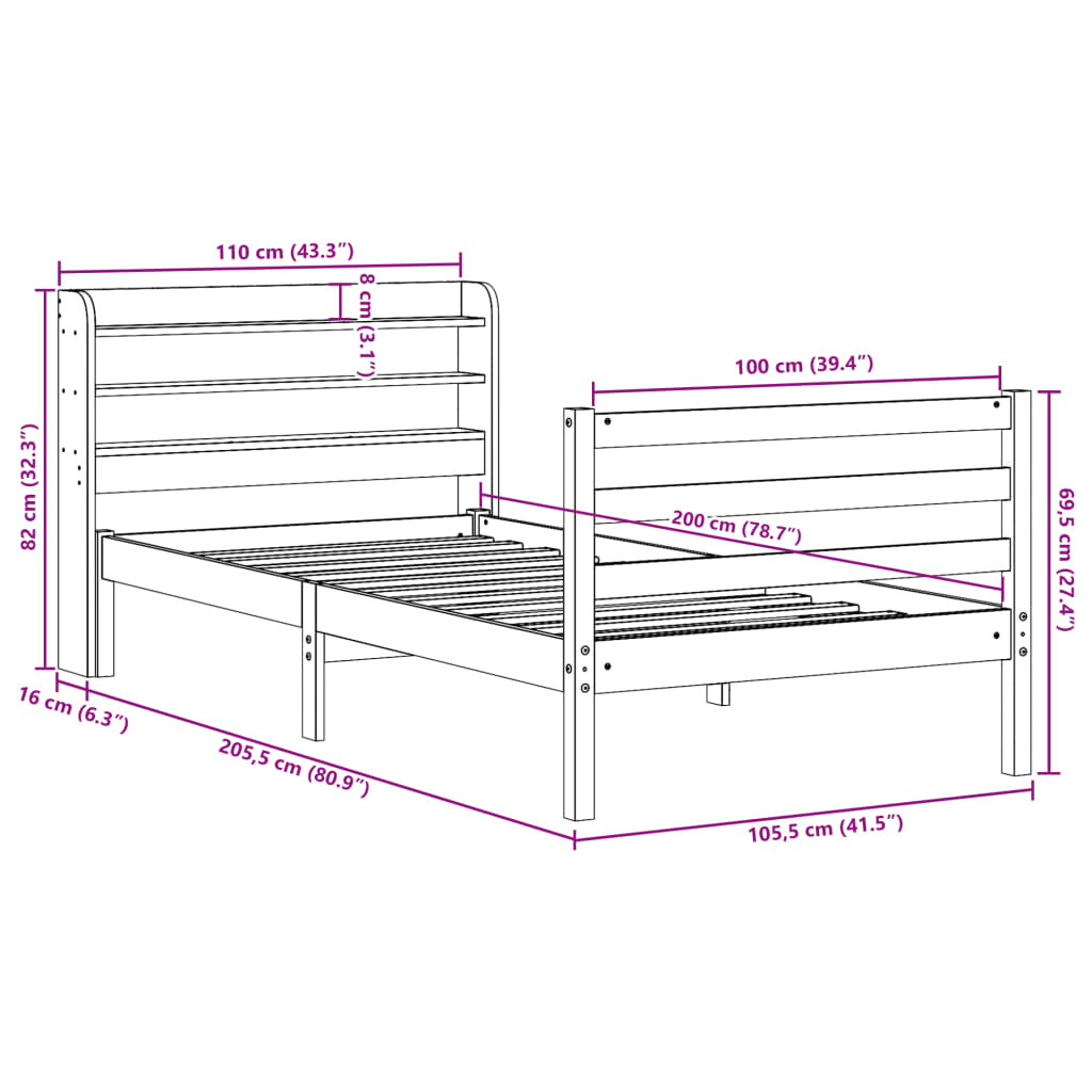 Bedframe met hoofdbord massief grenenhout 100x200 cm