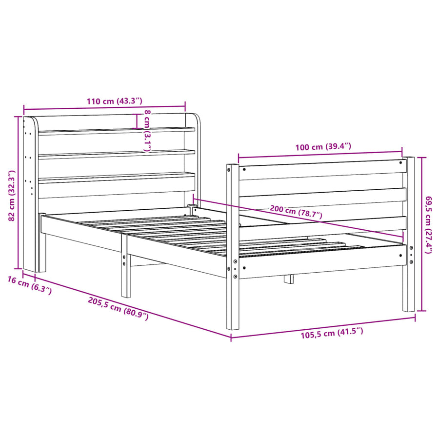 Bedframe met hoofdbord massief grenenhout 100x200 cm