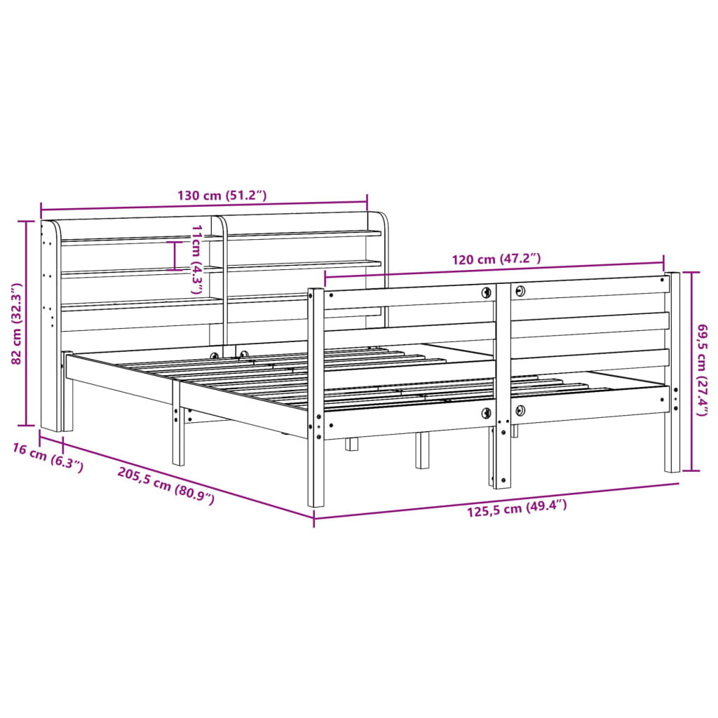 Bedframe met hoofdbord massief grenenhout wit 120x200 cm