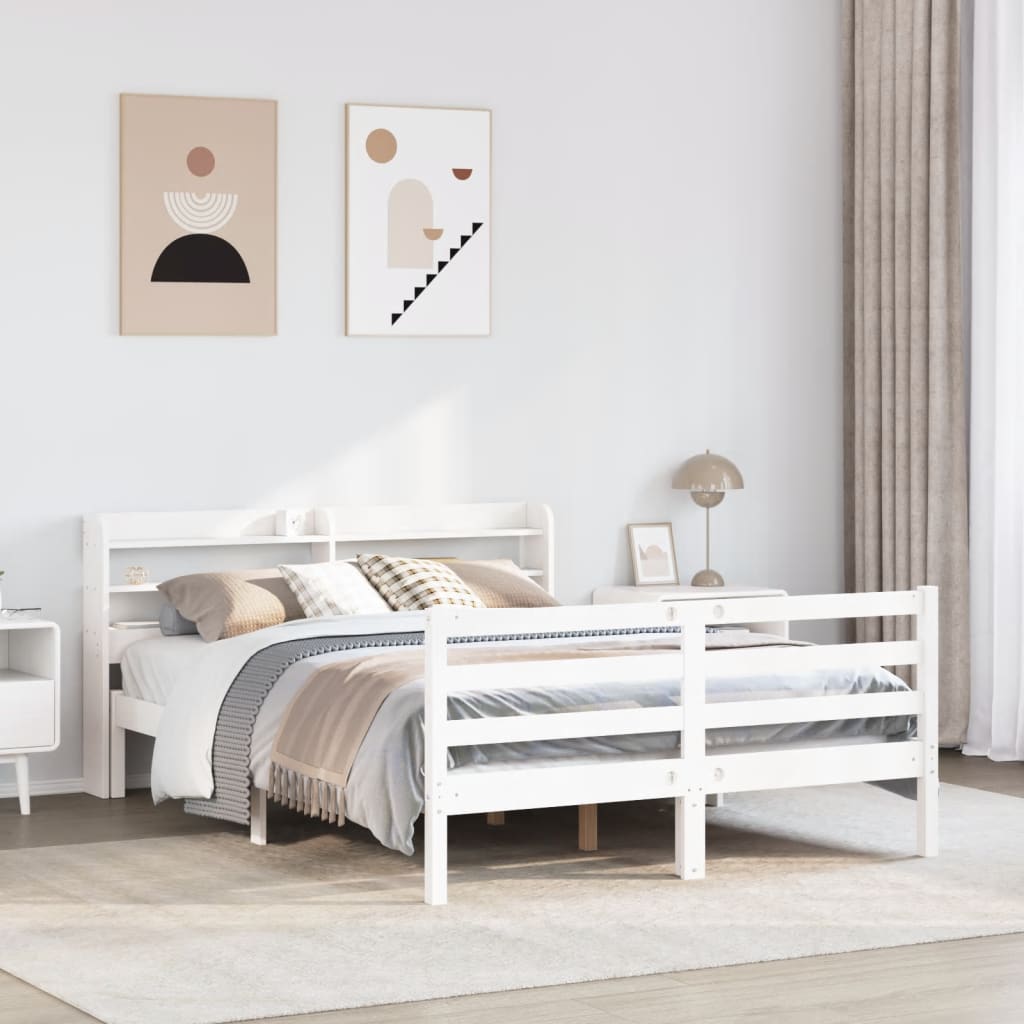 Bedframe met hoofdbord massief grenenhout wit 160x200 cm