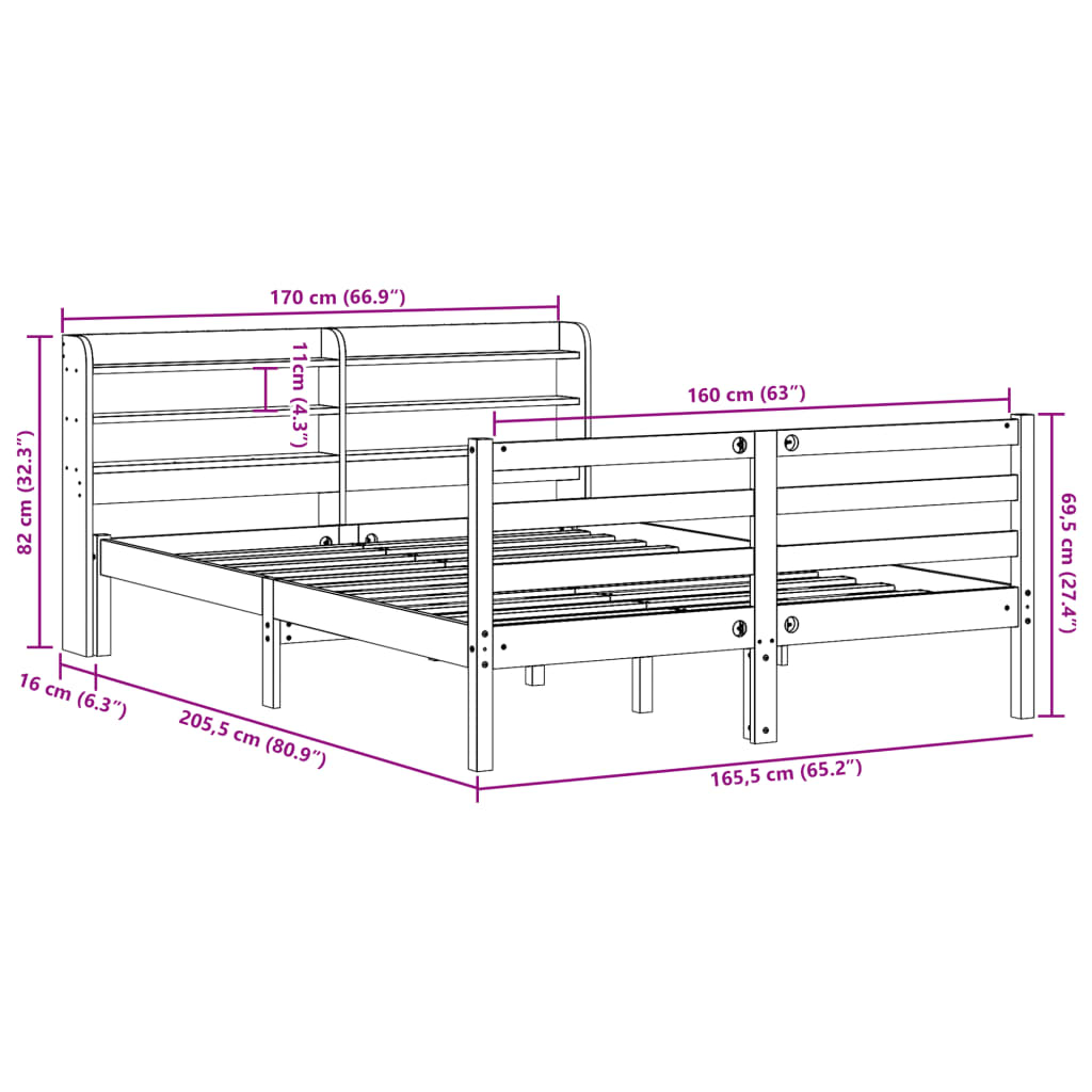 Bedframe met hoofdbord massief grenenhout wit 160x200 cm