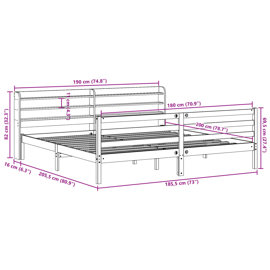 Bedframe met hoofdbord massief grenenhout wit 180x200 cm
