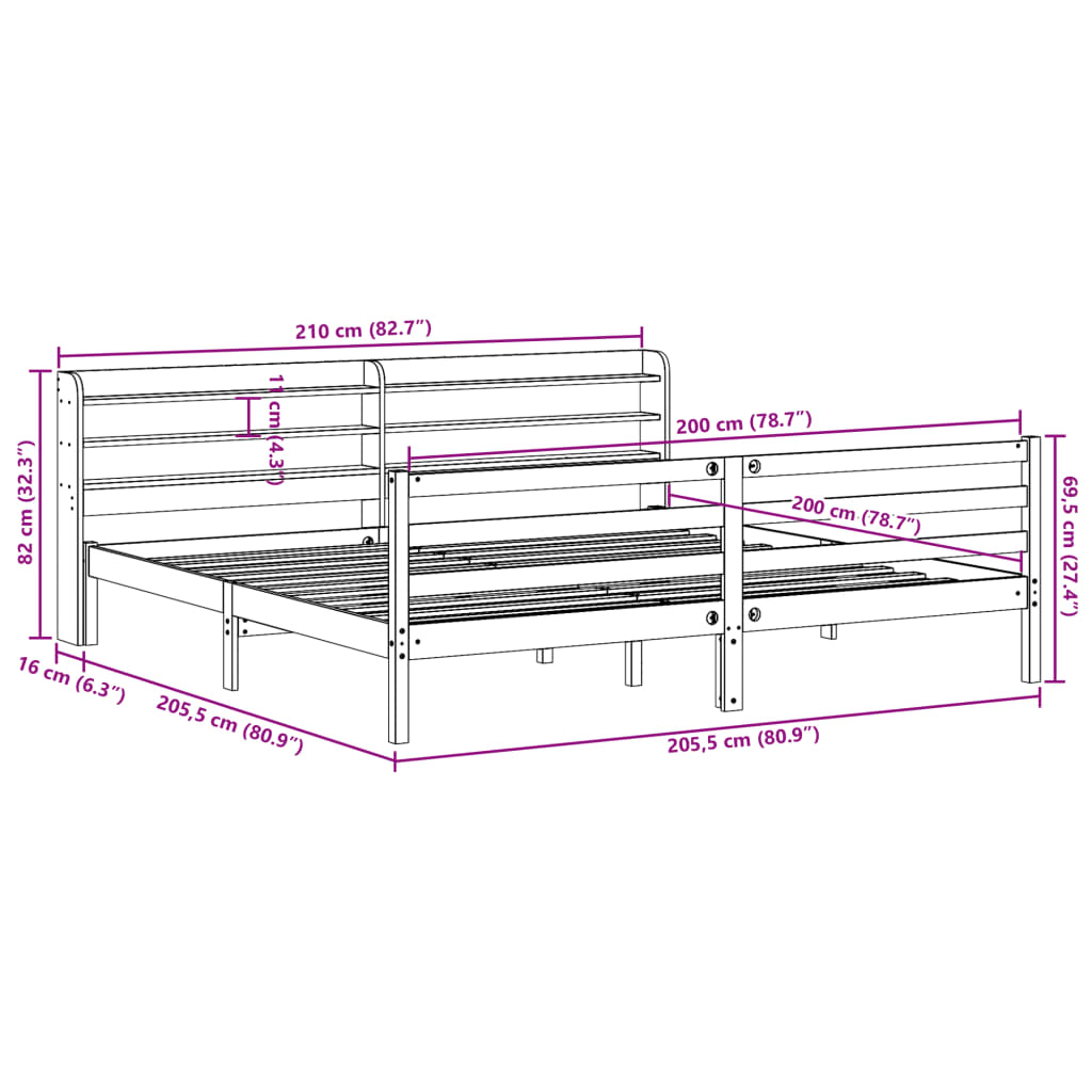 Bedframe met hoofdbord massief grenenhout 200x200 cm